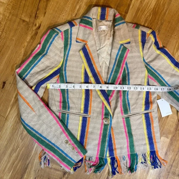 Ecru Striped Linen Fringe Bohemian Blazer Size XS New With Tags - Picture 8 of 9